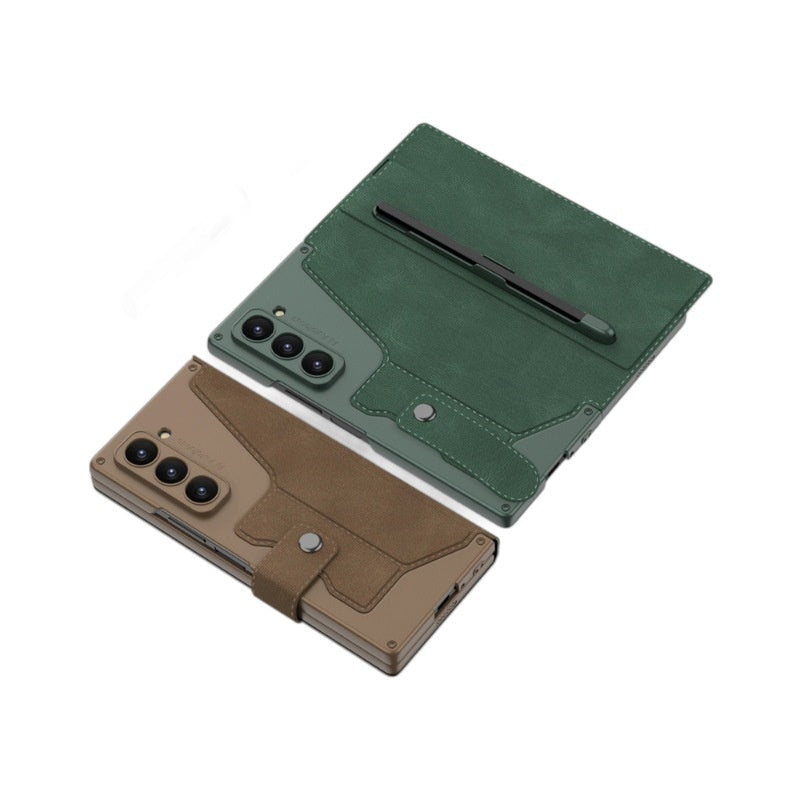 Folding Phone Case with flip leather design in green and brown for Model SM-Fold6.