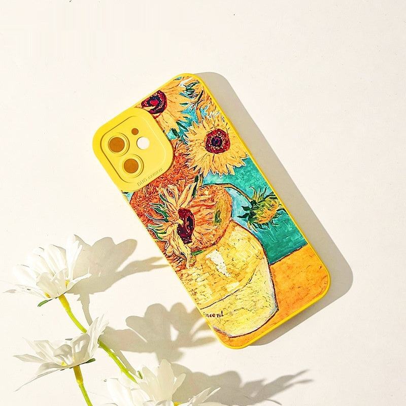 Sunflower iPhone 14 phone case in Van Gogh style with yellow design and painted floral pattern.