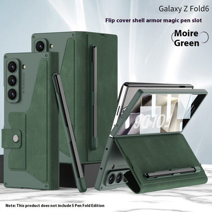 F Folding Phone Case Flip Leather Case in Moire Green for Galaxy Z Fold6 featuring armor magic pen slot.