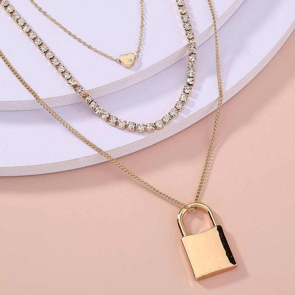 Gold Fashion Personality Lock Pendant Multi-Layer Necklace for Women