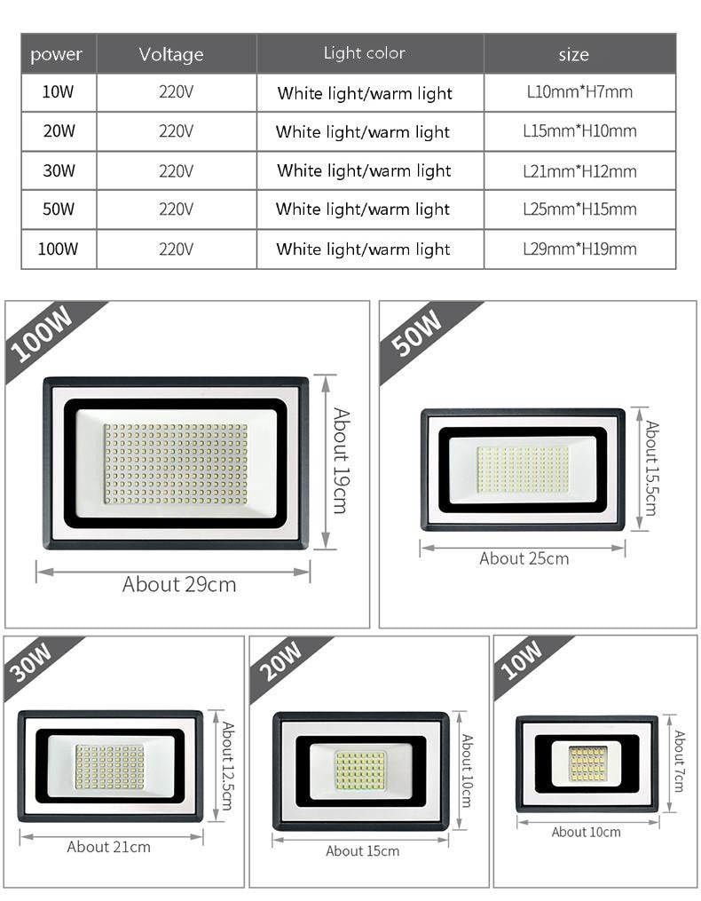 Various sizes and specifications of LED Flood Lights with power options and dimensions chart.