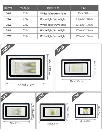 Various sizes and specifications of LED Flood Lights with power options and dimensions chart.