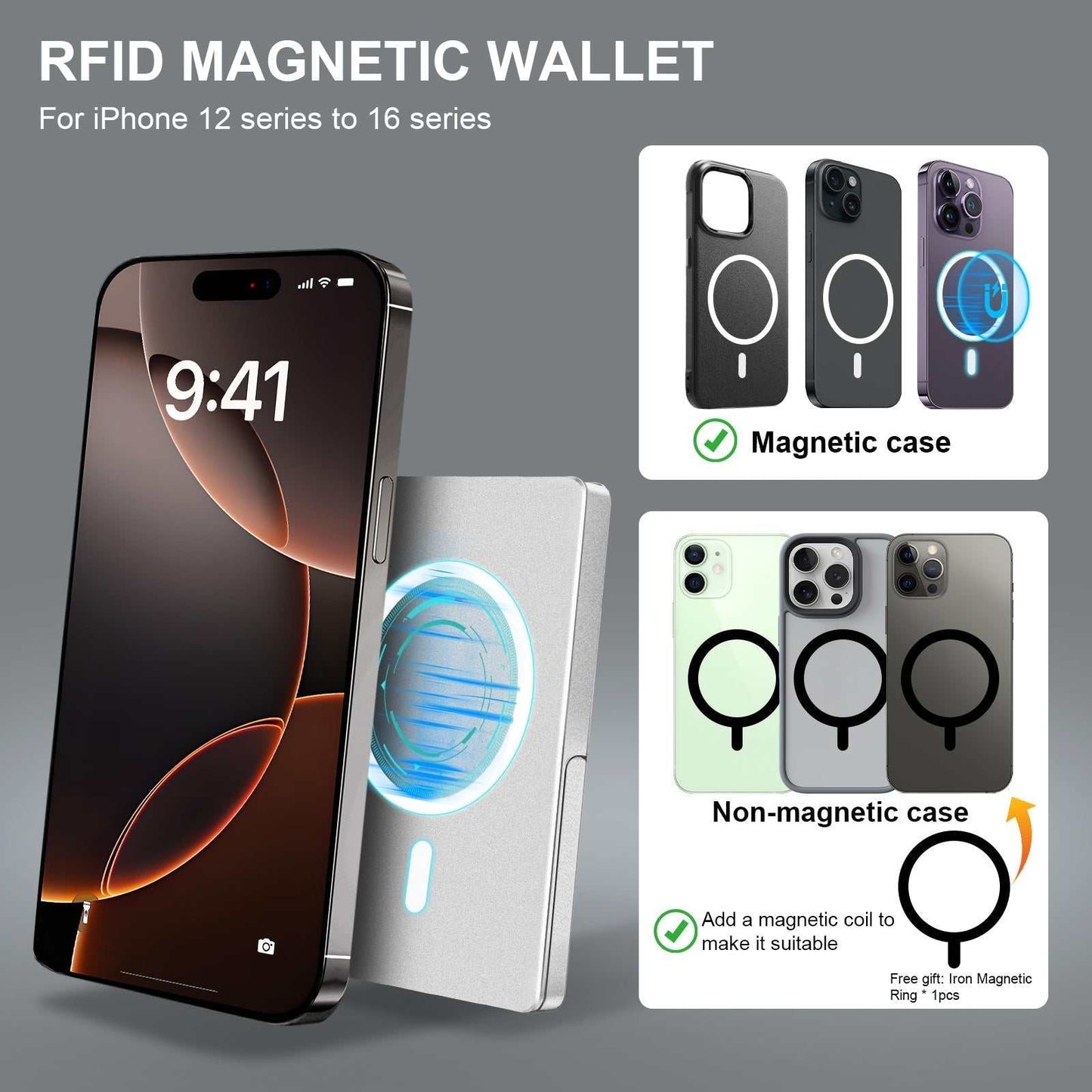 RFID blocking slim metal wallet with magnetic phone attachment and adjustable stand for iPhone 12 to 16 series