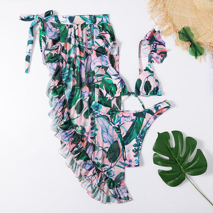 Split Mesh Three-piece Printed Bikini