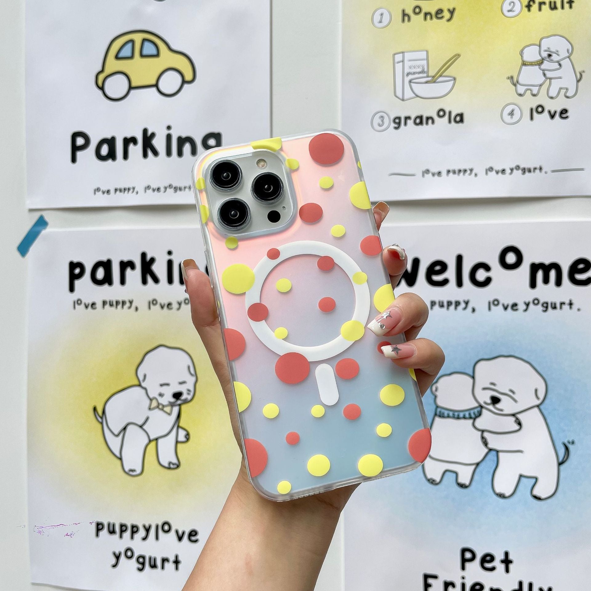 Magnetic Phone Case with colorful polka dots design, suitable for Apple, showcasing fall protection feature.