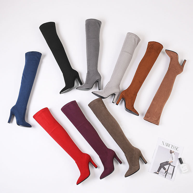 Women's Boots Suede Pointed Toe Chunky Heel Shoes High-heeled High Top Leg Repair Stretch Boots Boots