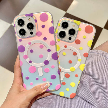 Magnetic phone case featuring cute polka dots in rainbow colors for Apple devices, providing fall protection and style.