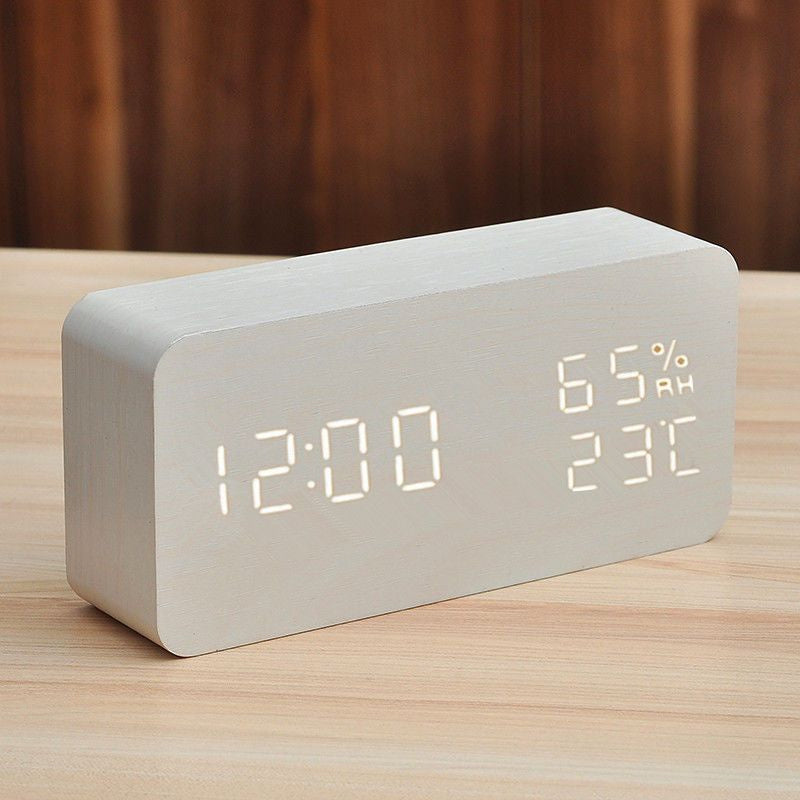 Electronic Alarm Clock Multifunctional Digital Display Temperature And Humidity Time Wood