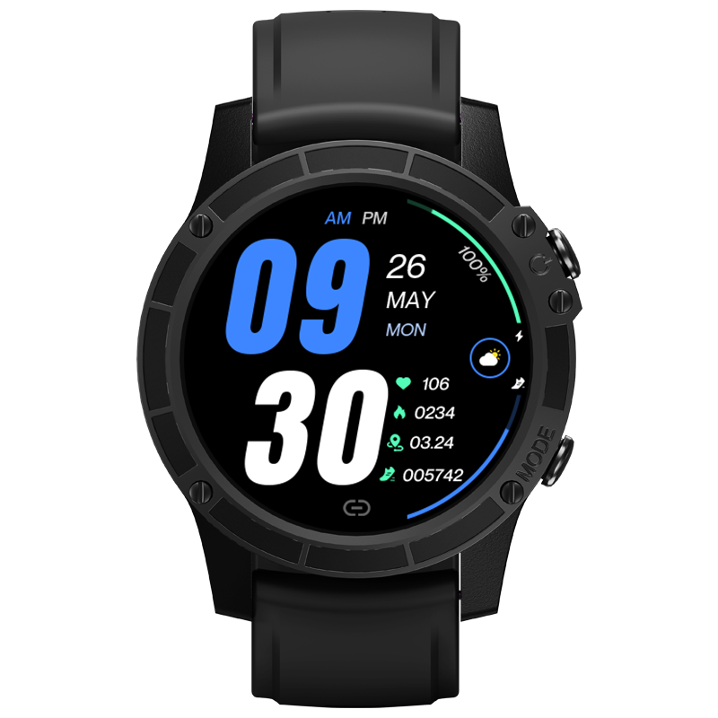 Black Android smart watch with 1.45" display showing time, date, heart rate, steps, and battery status, compatible with Bluetooth calls