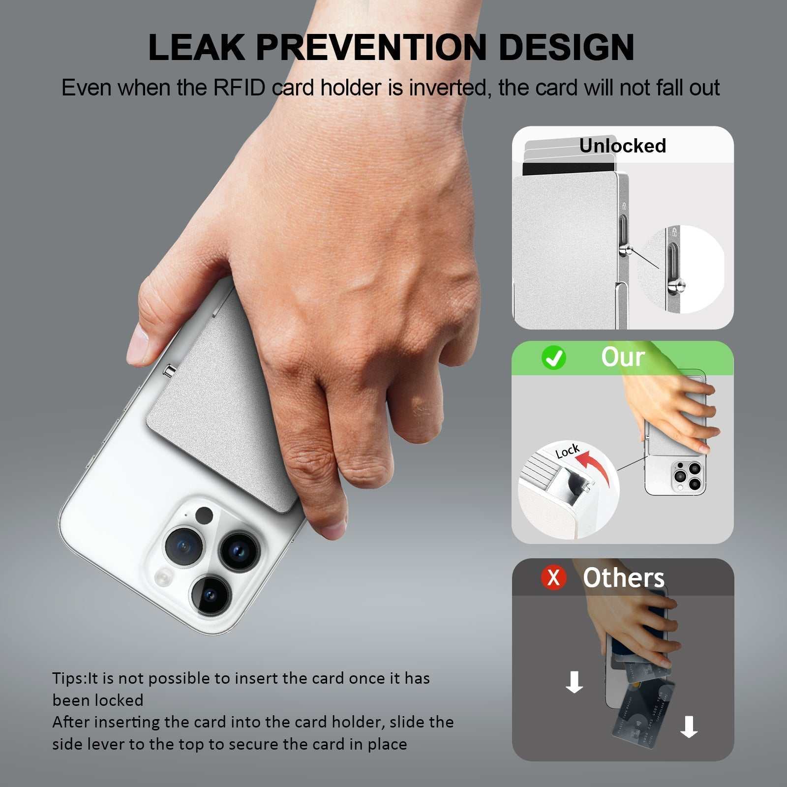 RFID blocking slim metal card wallet with leak prevention design and magnetic phone attachment