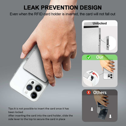 RFID blocking slim metal card wallet with leak prevention design and magnetic phone attachment