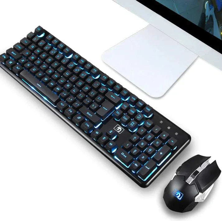 Wireless gaming keyboard and mouse set with RGB backlighting and ergonomic design next to a computer monitor