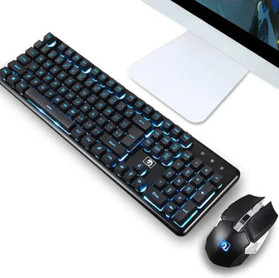 Wireless gaming keyboard and mouse set with RGB backlighting and ergonomic design next to a computer monitor