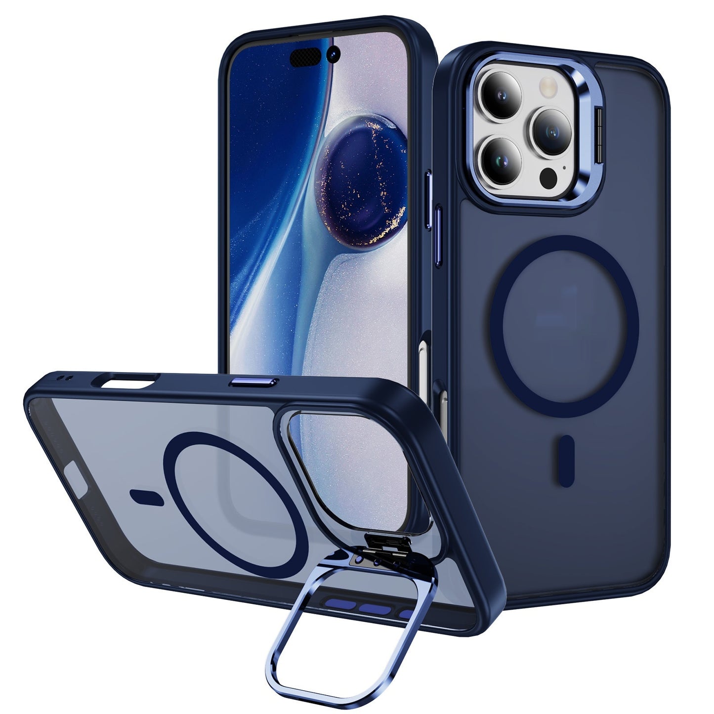Magnetic phone case lens bracket in dark blue color with transparent design and suction type for mobile devices.