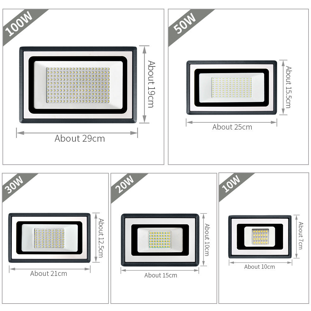 LED Flood Light sizes and dimensions: 10W, 20W, 30W, 50W, and 100W models with measurements.