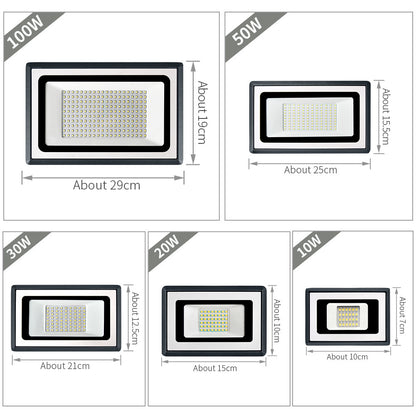 LED Flood Light sizes and dimensions: 10W, 20W, 30W, 50W, and 100W models with measurements.