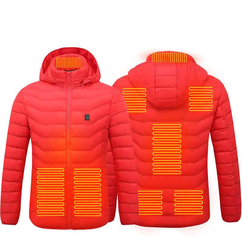 Heated Jacket Coat in blue, black, and red with 🔥hot heating zones for organic warmth control, stylish and lightweight design.