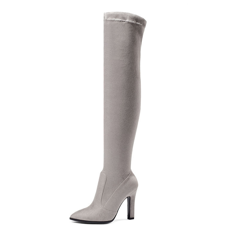 Women's Boots Suede Pointed Toe Chunky Heel Shoes High-heeled High Top Leg Repair Stretch Boots Boots