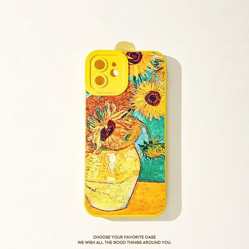 Sunflower IPhone14 phone case with painted Van Gogh sunflower design, featuring a vibrant yellow background.