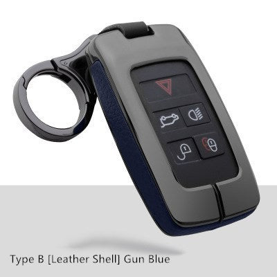 Car key protection case in gun blue leather shell for Land Rover and Jaguar smart keys.