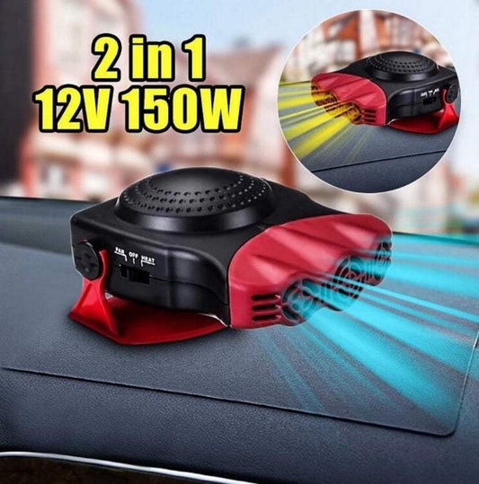 Portable windshield defroster 2-in-1 12V 150W car fan in black and red for heating and cooling