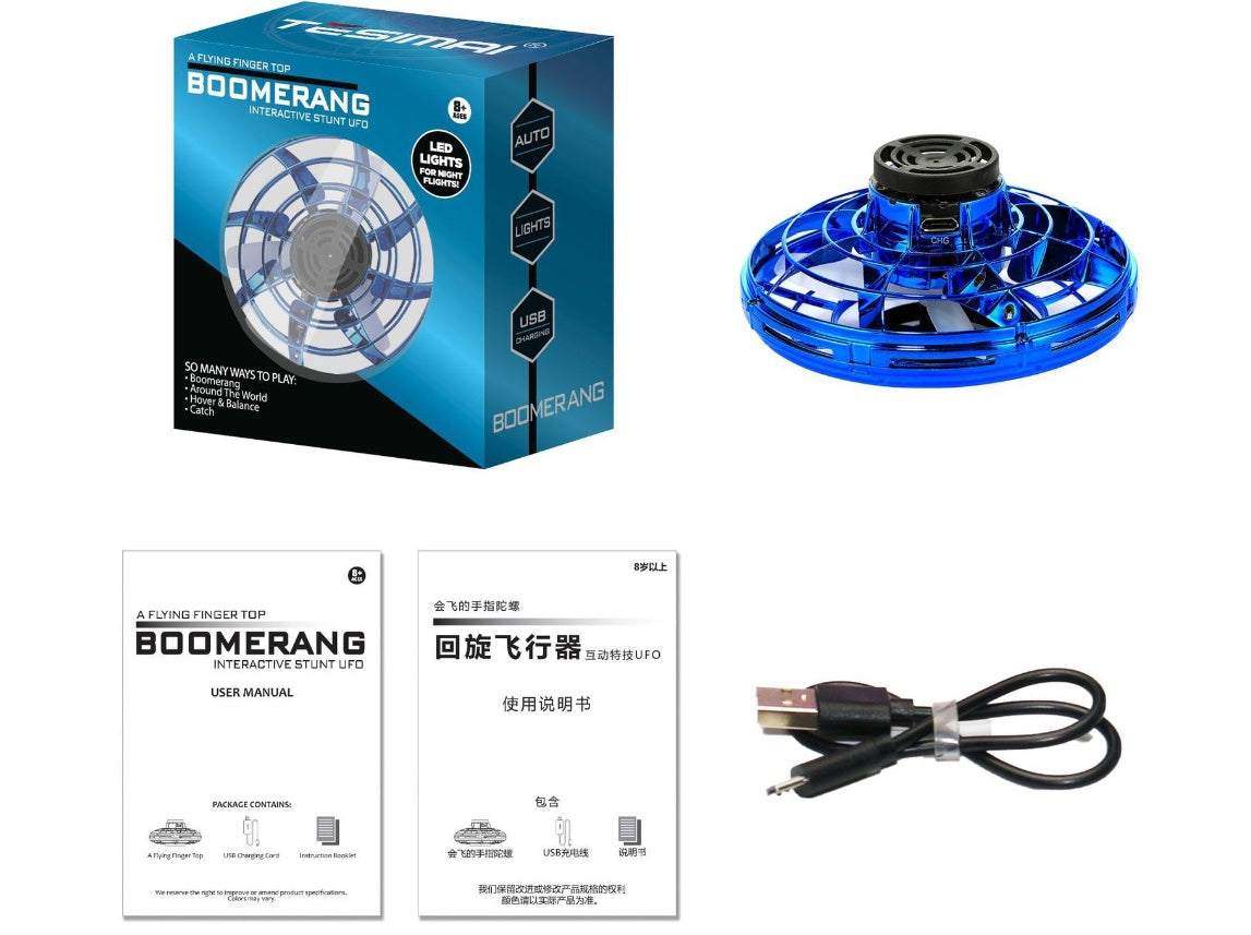 Mini Fingertip Gyro interactive toy drone with LED lights, USB charging cable, and user manual in blue color.