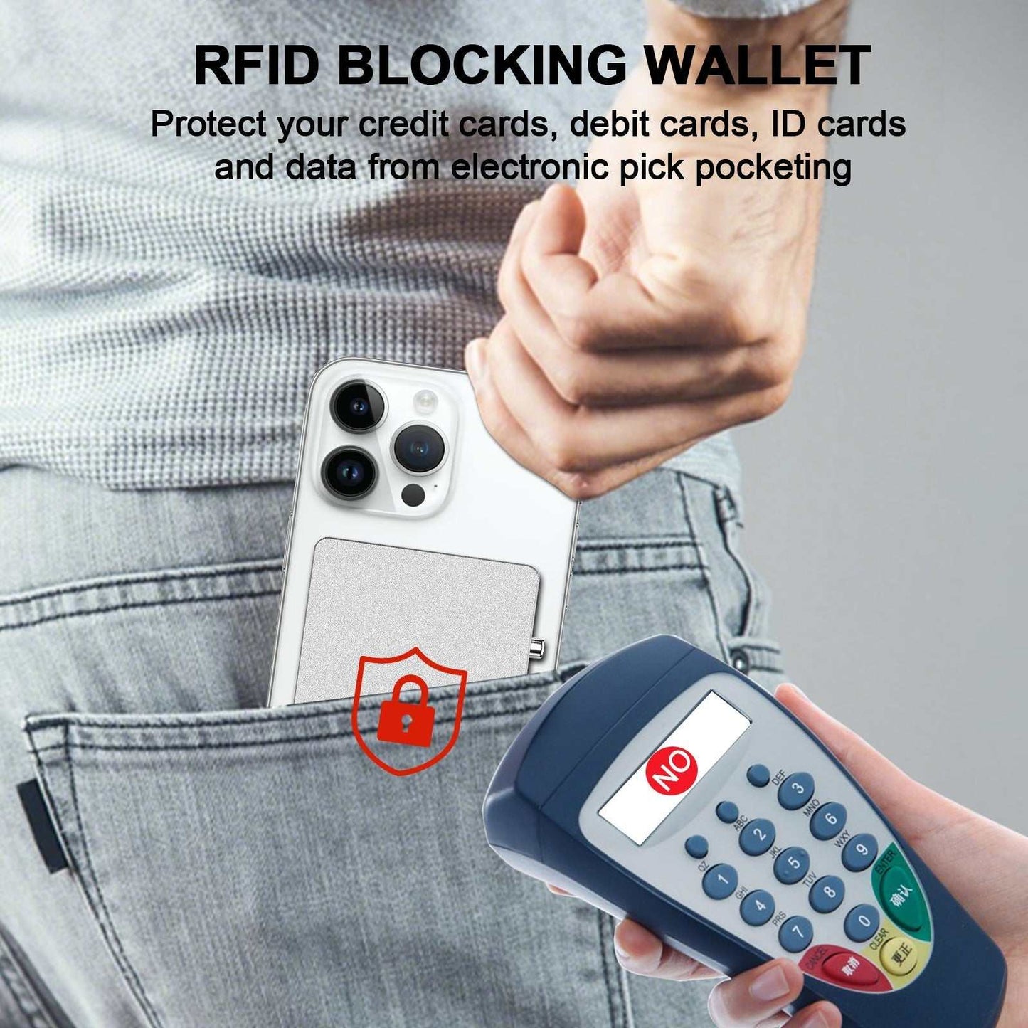 Slim RFID blocking wallet attached to smartphone with secure magnetic card holder for credit card protection