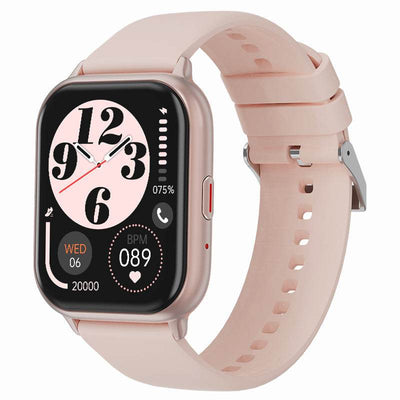 Smartwatch T17F with 1.85-inch display, pink band, Bluetooth calling, heart rate and sleep monitoring, IP68 waterproof, and 112+ sport modes