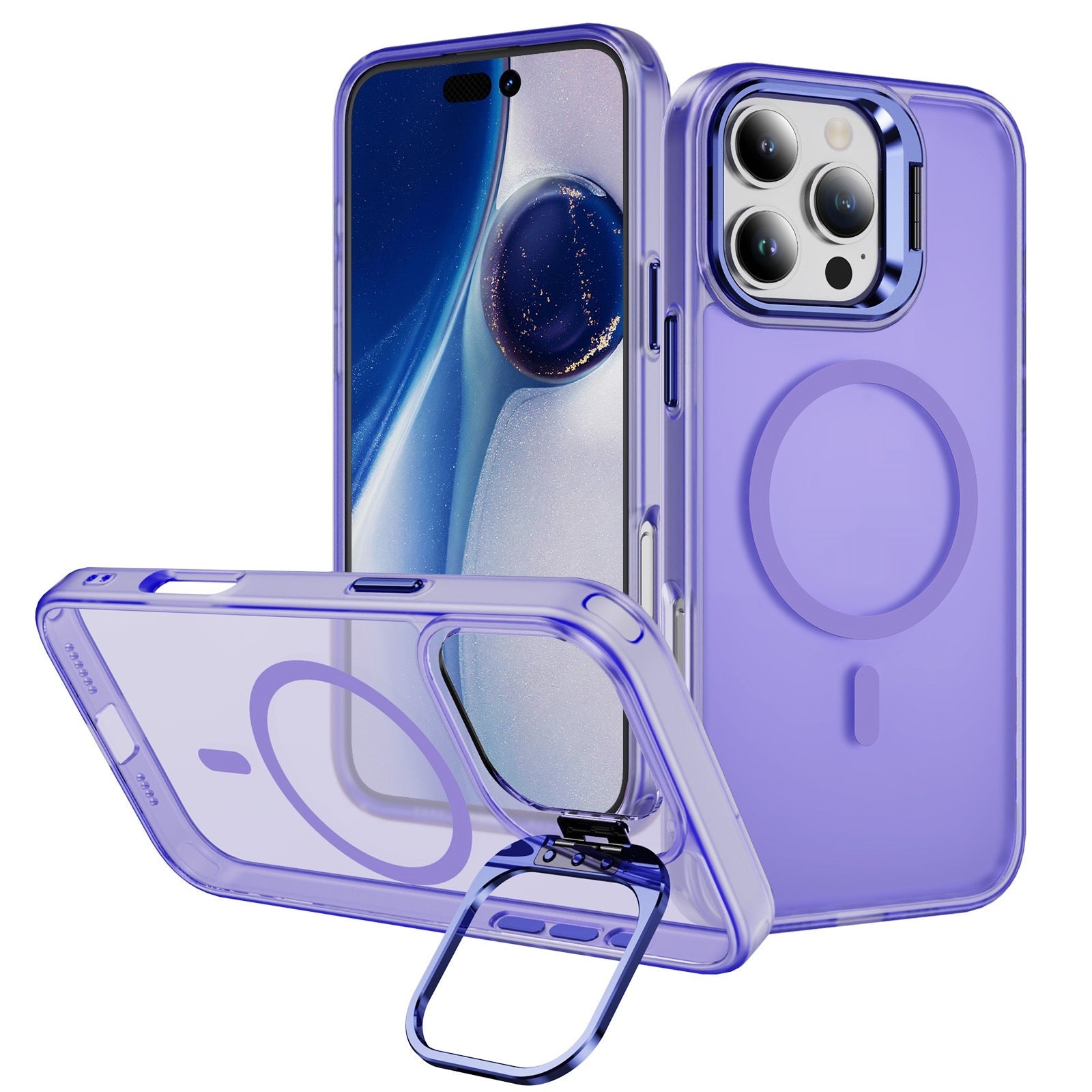 Magnetic phone case lens bracket in light purple color, showcasing a sleek design and magnetic suction feature.