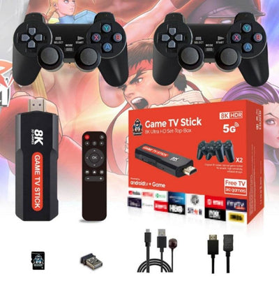 Wireless portable game console with two controllers and 15000 games, includes HDMI TV stick and remote control