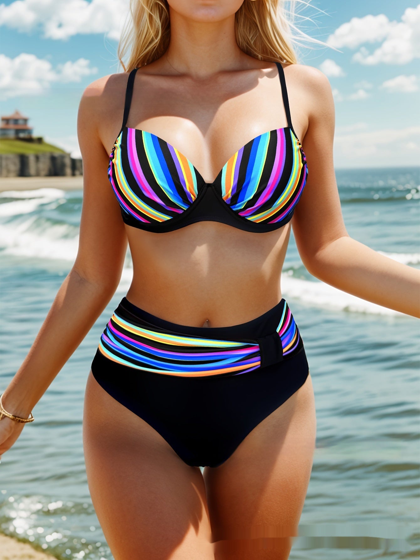 New Color Striped Swimsuit Printed Bikini Split Swimsuit For Women