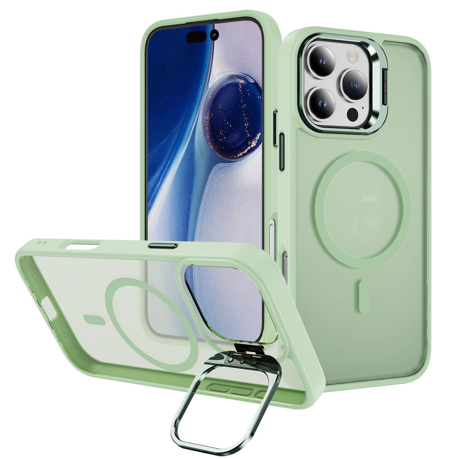 Magnetic phone case lens bracket showcasing mint green design and protective features for smartphone.