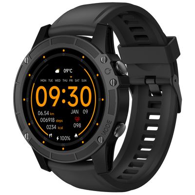 Black Android smart watch with 1.45-inch display, Bluetooth calling, heart rate and SpO₂ monitor, and multi-sport modes.