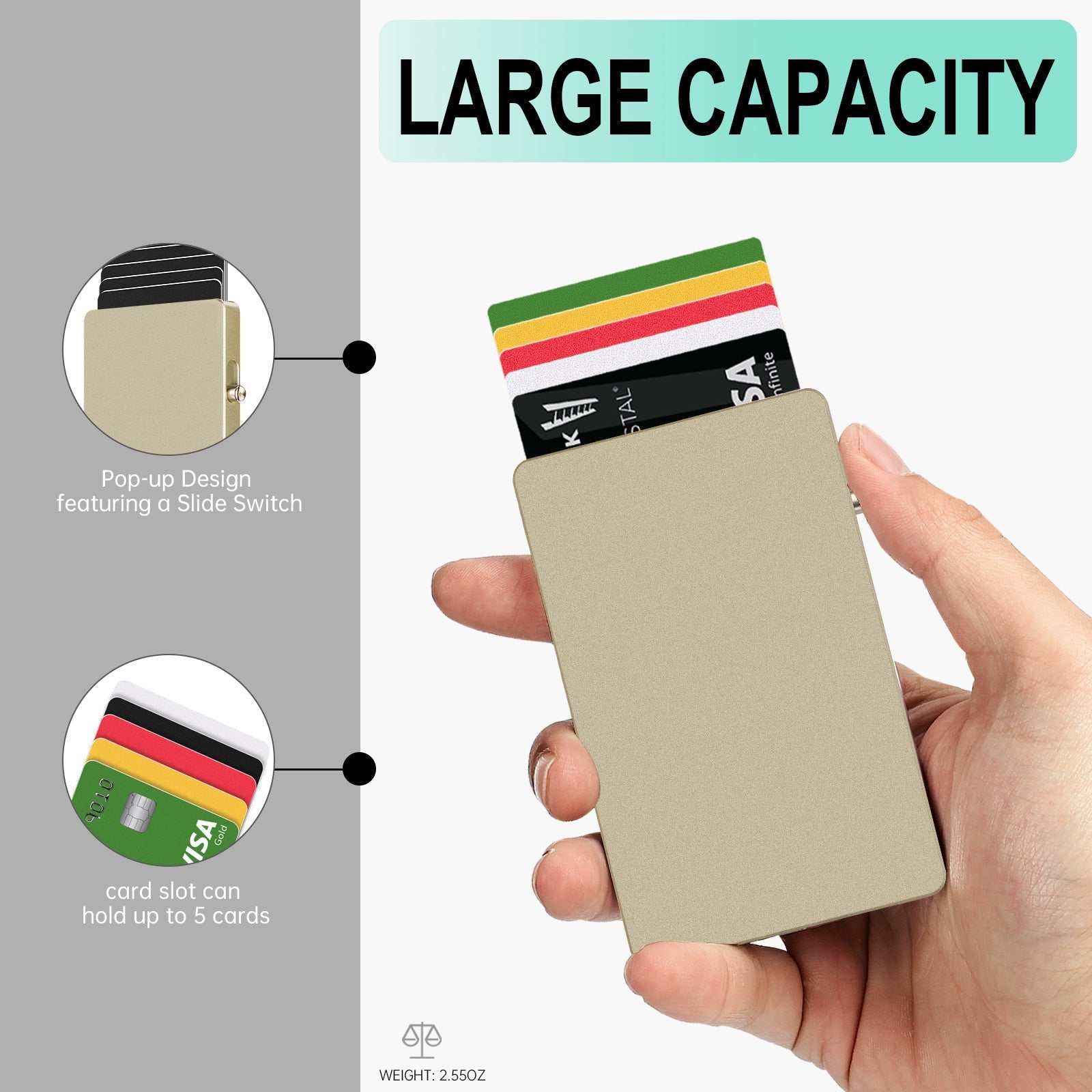 Hand holding slim all-aluminum pop up slide RFID blocking card wallet with multiple cards visible