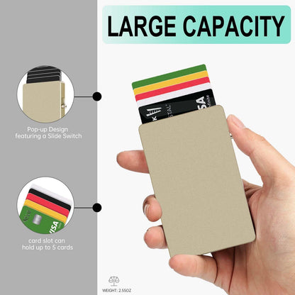 Hand holding slim all-aluminum pop up slide RFID blocking card wallet with multiple cards visible