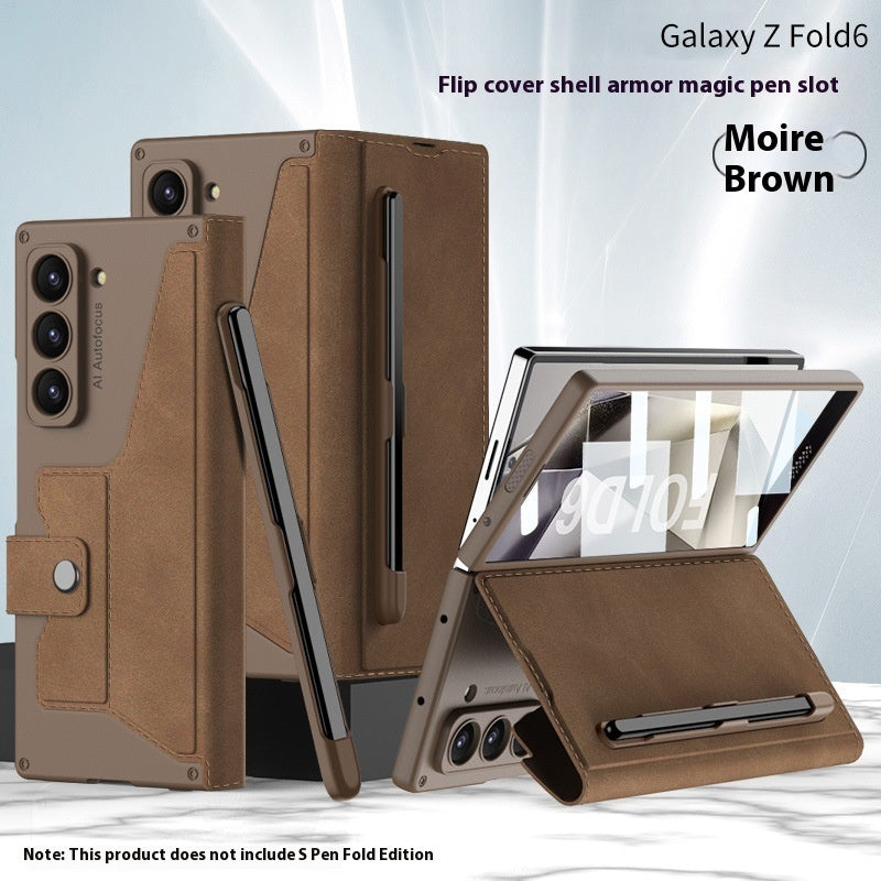 Folding Phone Case Flip Leather Case for Galaxy Z Fold6 in Moire Brown with magic pen slot