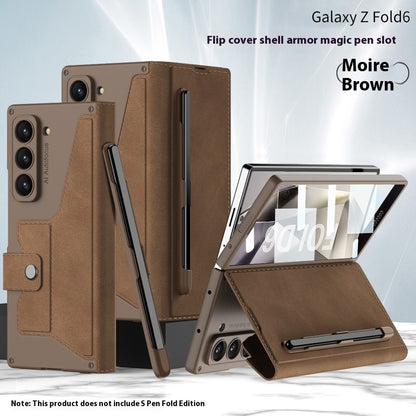 Folding Phone Case Flip Leather Case for Galaxy Z Fold6 in Moire Brown with magic pen slot
