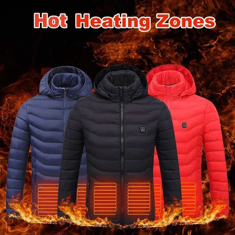 Heated Jacket Coat in blue, black, and red with 🔥hot heating zones for organic warmth control, stylish and lightweight design.