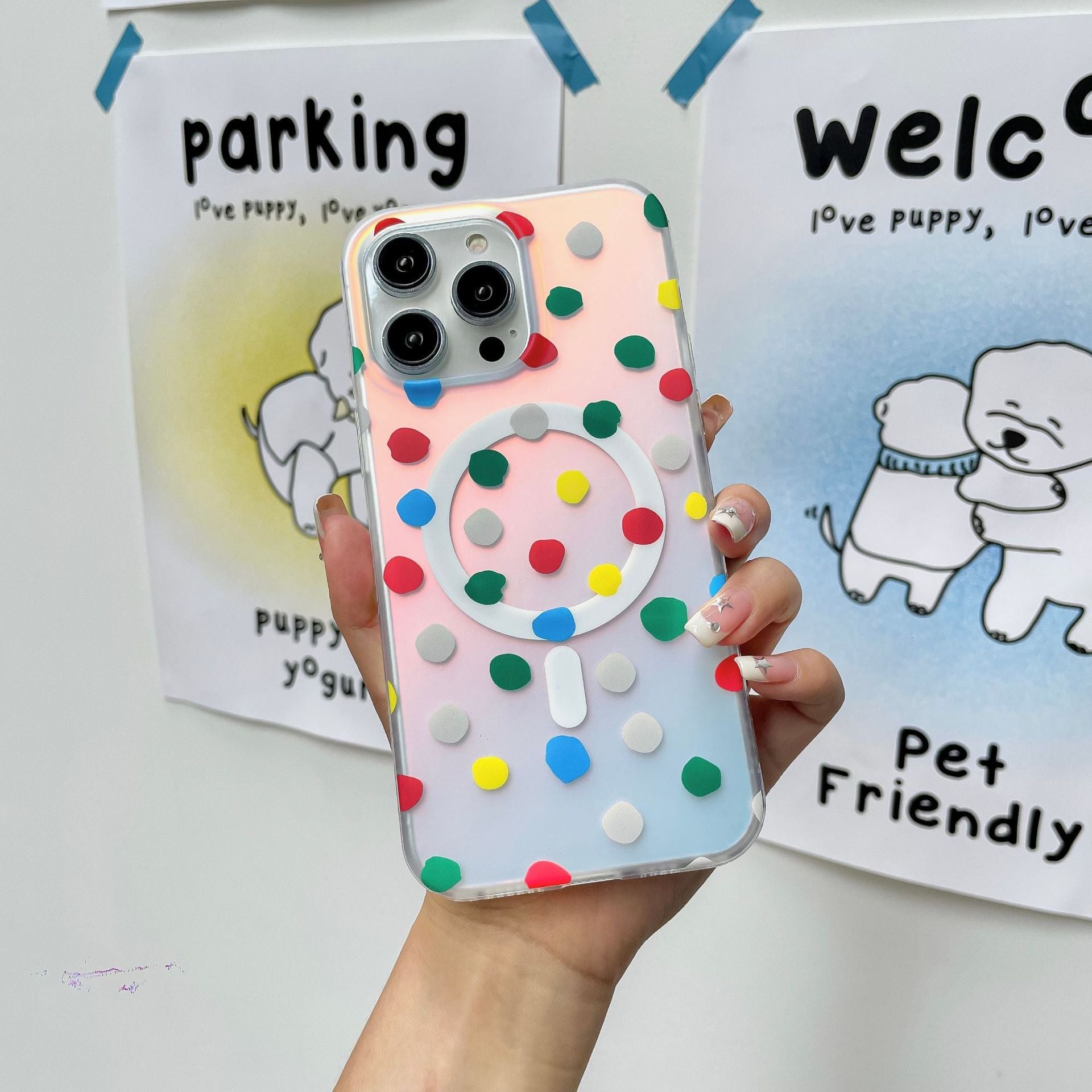 Magnetic Phone Case Wave Point Phone Case with colorful polka dots design for Apple, providing fall protection.