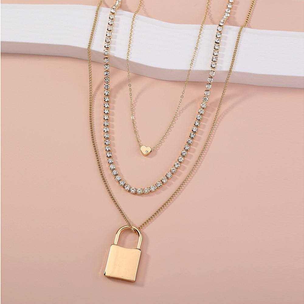 Gold Fashion Personality Lock Pendant Multi-Layer Necklace for Women