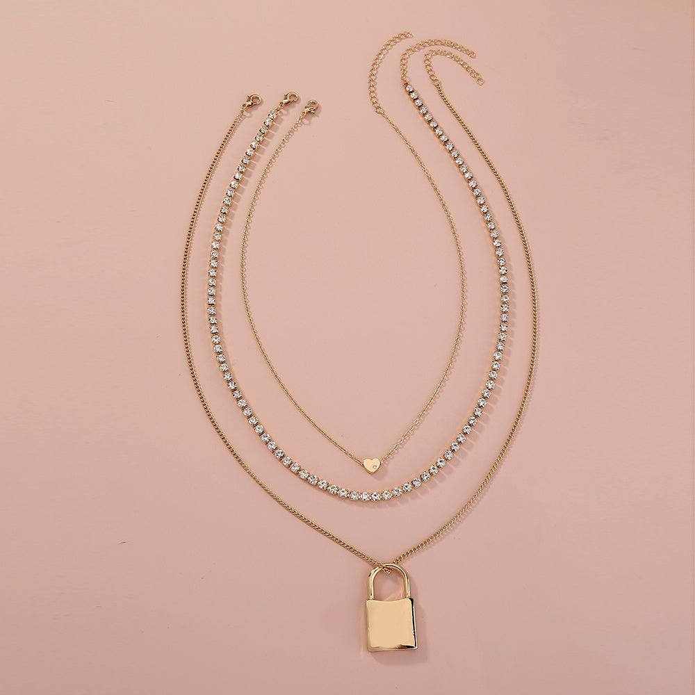 Gold Fashion Personality Lock Pendant Multi-Layer Necklace for Women