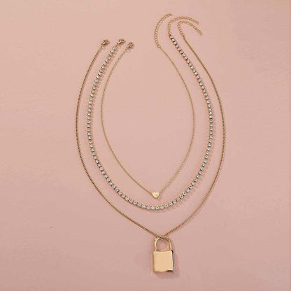 Gold Fashion Personality Lock Pendant Multi-Layer Necklace for Women
