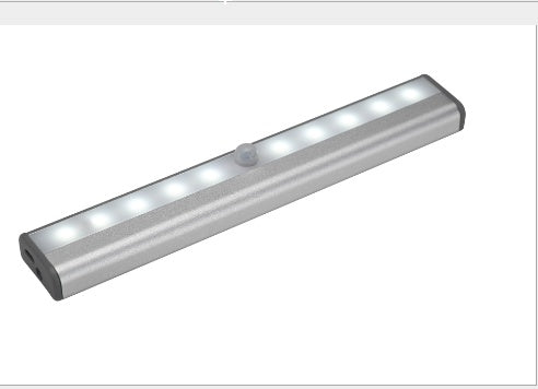 LED sensor light body infrared sensor light LED cabinet light with a sleek silver design and multiple LED bulbs.