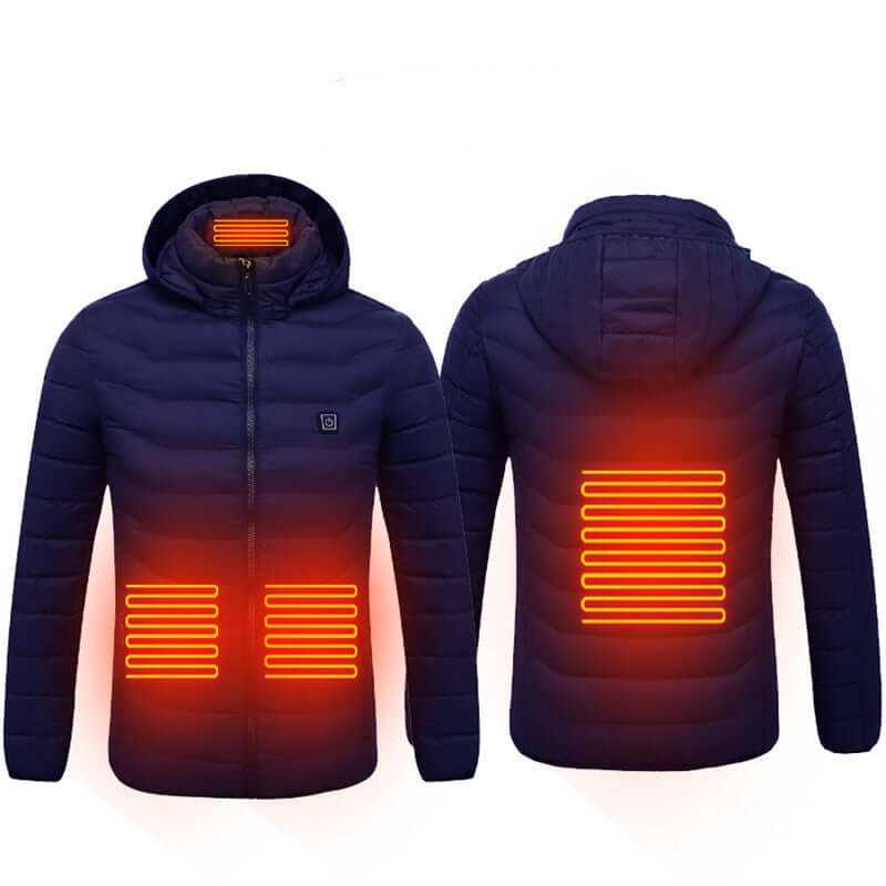 Heated Jacket Coat in blue, black, and red with 🔥hot heating zones for organic warmth control, stylish and lightweight design.