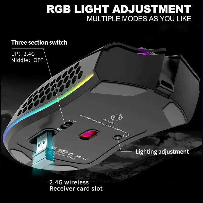 Wireless gaming mouse with RGB light adjustment, 2.4G wireless receiver, and ergonomic honeycomb design