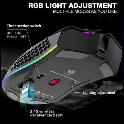 Wireless gaming mouse with RGB light adjustment, 2.4G wireless receiver, and ergonomic honeycomb design
