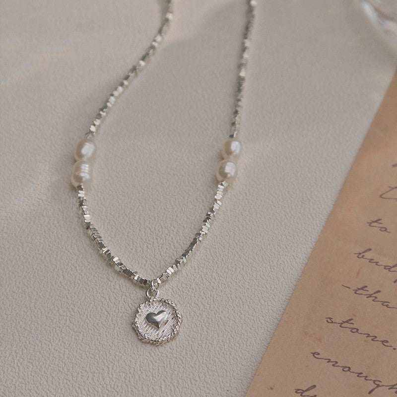 Fashion Love Pearl Necklace with heart pendant and sterling silver chain for women