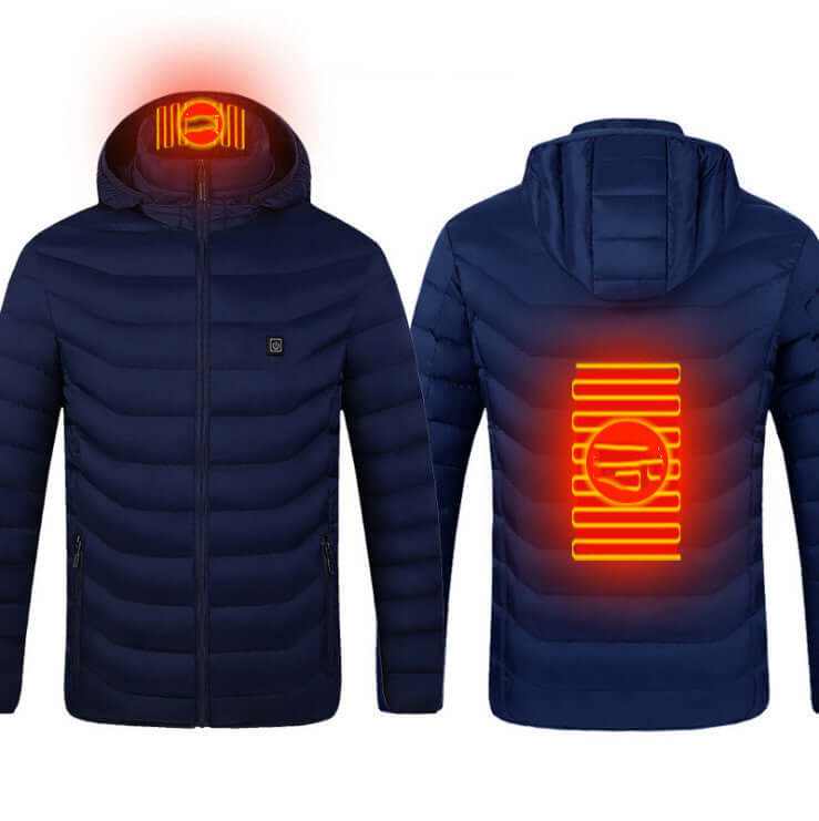 Heated Jacket Coat in blue, black, and red with 🔥hot heating zones for organic warmth control, stylish and lightweight design.