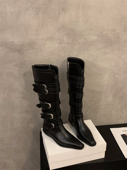 Chunky Heel Pointed Brown Maillard Boots Women's Shoes