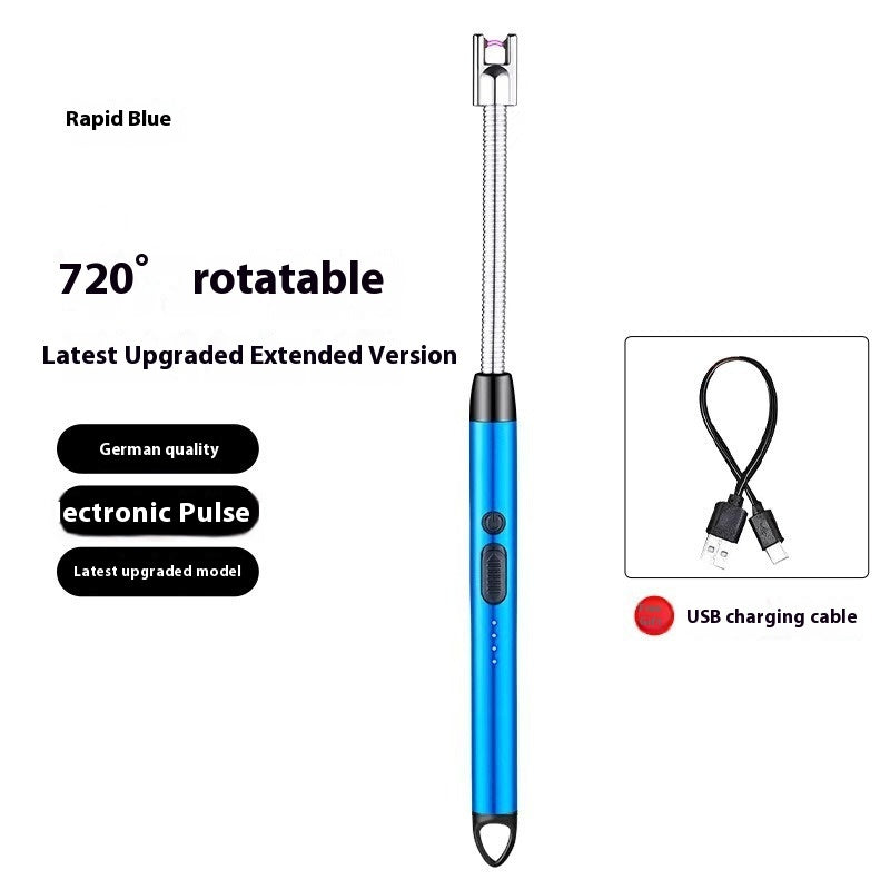 Blue kitchen torch lighter 720° rotatable with USB charging cable for cooking and grilling.